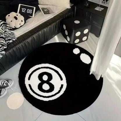 VIKAMA Black 8-Ball Pool Round Plush Carpet, Anti-Slip Carpet, Living