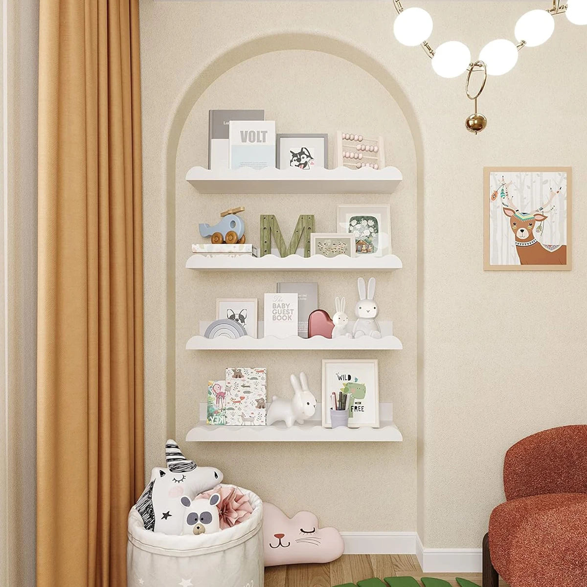 White Wavy Wooden Floating Shelf Bedroom Wall-Mounted Shelf Storage