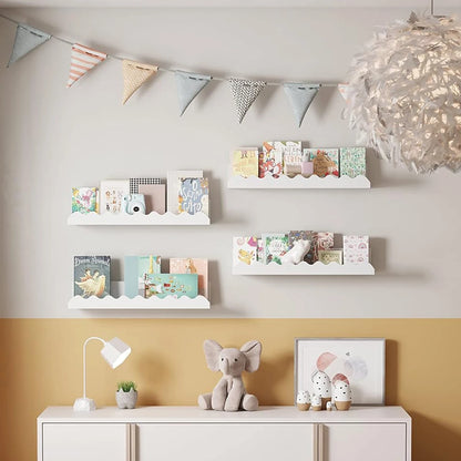White Wavy Wooden Floating Shelf Bedroom Wall-Mounted Shelf Storage