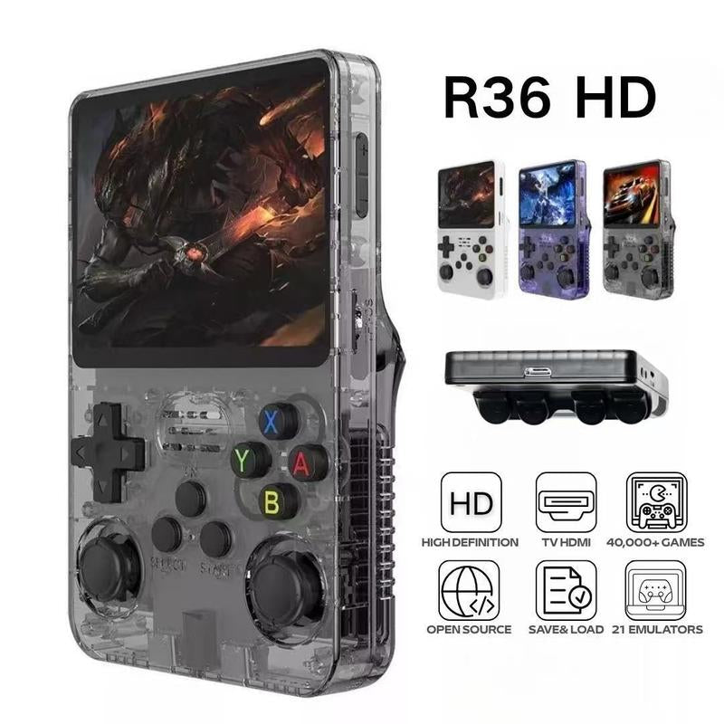 R36S Retro Video Handheld Game Console Linux System 3.5 in IPS Screen 3000Mah Battery 64G TF Card Preloaded 4000+ Games Protection Black Gameconsole